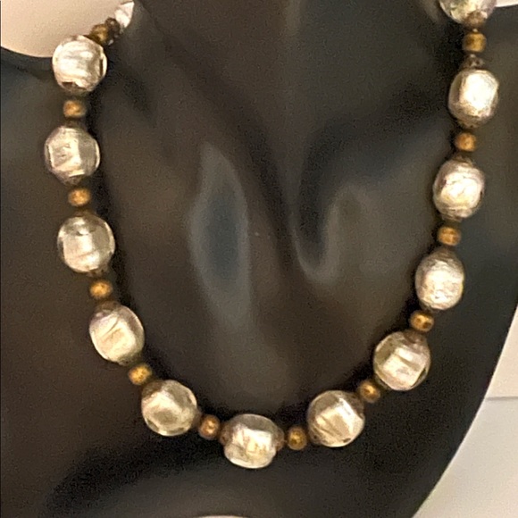 Antique Venetian  Art Glass Silver Foiled Bead Necklace Art Deco Art Nouveau - Picture 2 of 5